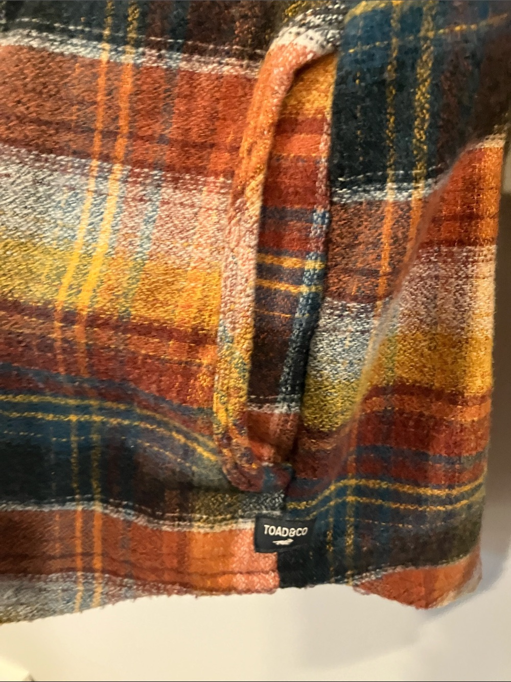 Toad&Co Plaid Button-Down Shirt Jacket in Rust, Yellow & Navy - Picture 4 of 5